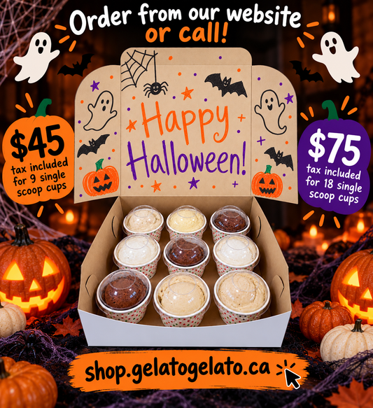 Halloween gelato box with cups of assorted gelato flavours